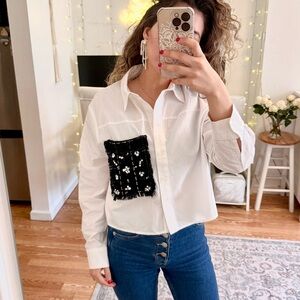 White Button-Up Shirt with Black Embellished Patch